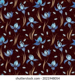 Floral Seamless Pattern Of Irises And Dandelion Seeds. Irises Painted Imitation Of Oil Paint. Creative Execution Of Floral Ornament. Blue Flowers On A Brown Background.