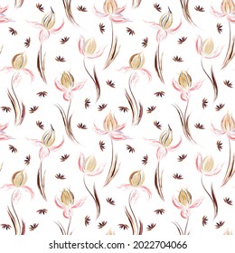 Floral Seamless Pattern Of Irises And Dandelion Seeds. Irises Painted Imitation Of Oil Paint. Creative Execution Of Floral Ornament. Brown Pink Flowers On A White Background.