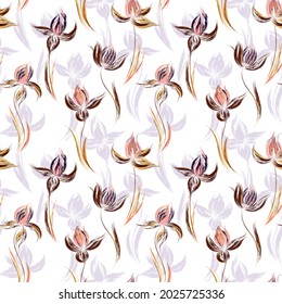 Floral Seamless Pattern Of Irises. Irises Painted Imitation Of Oil Paint. Creative Execution Of Floral Ornament. Brown Lilac Flowers On A White Background.