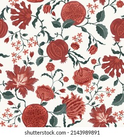 Floral Seamless Pattern In Jacobean Style, Vintage, Old Style. Drawn In Photoshop. Red And Green Pomegranate Floral Allover Print. Persian Style Design.