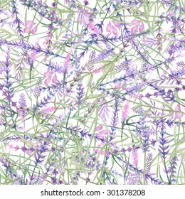 Floral seamless pattern with lavender painted in watercolor on a white background