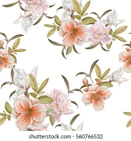 Floral Seamless Pattern With Lily, Peony, Iris