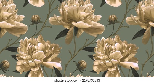 Floral seamless pattern with lush peonies. Botanical wallpaper. Luxurious floral background. Realistic flowers hand drawn 3d illustration. Great for wallpaper design, fabric, gift paper, clothing.