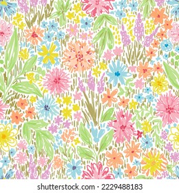 Floral seamless pattern. Multicolored small wild flowers, leaves, grass. For prints of fabrics, textiles, packaging.