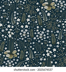 Floral seamless pattern on a dark blue background. Field and forest plants. Fern, water lily, wild pea. Small pattern. Stock illustration.