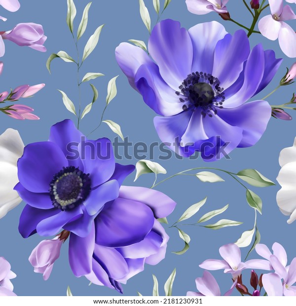 Floral seamless pattern on purple background. Watercolor illustration with garden white, lilac flowers, leaves, eucalyptus. Purple floral wallpaper design