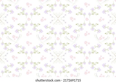 Floral Seamless Pattern On A White Background, Imitation Of Pastel Chalk Drawing Technique, Isolated On A White Background.