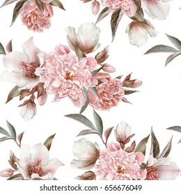 Floral Seamless Pattern With Peonies And Hellebore