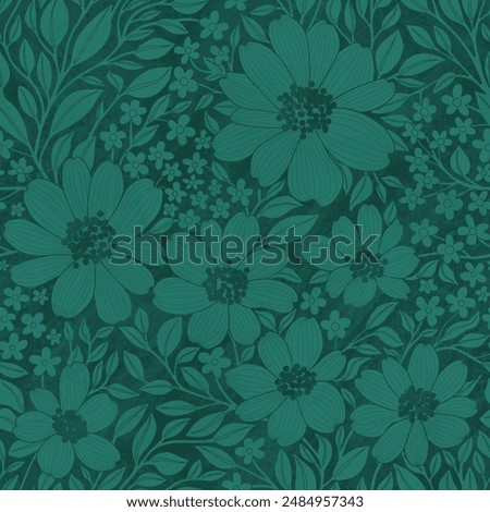 Floral Seamless Pattern of Pine Green Flowers and Leaves on Darker Backdrop with Texture. Great for Textiles, Wallpapers, Wrapping Papers, Fabrics, Prints, Package Design, Fashion, Beauty Products.