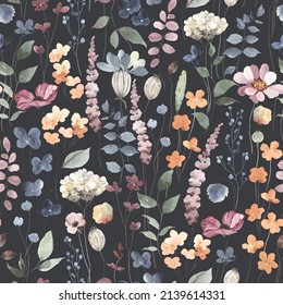 Floral seamless pattern in rustic style on dark blue background, watercolor print with abstract wild flowers, plants and leaves for textile, wallpapers or decoration texture.