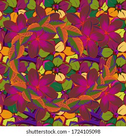 Floral seamless pattern. Spring paper with abstract cute plumeria flowers in green, purple and brown colors.