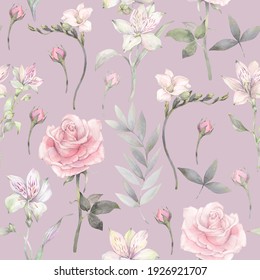 Floral seamless pattern of tender white and pink flowers. Hand drawn watercolor illustration. 