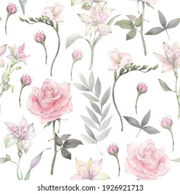 Floral Seamless Pattern Of Tender White And Pink Flowers. Hand Drawn Watercolor Illustration. 