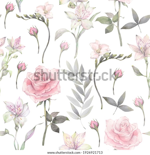 Floral seamless pattern of tender white and pink flowers. Hand drawn watercolor wallpaper illustration. 