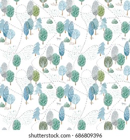 Floral Seamless Pattern Of A Tree, Spruce,birch,road,wolf,mushroom And Deciduous Tree.Abstract Forest. Watercolor Hand Drawn Illustration.White Background.