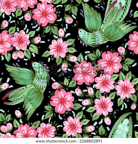 Floral seamless pattern in Ukrainian folk painting style Petrykivka. Fantasy birds, flowers, leaves isolated on a black background
