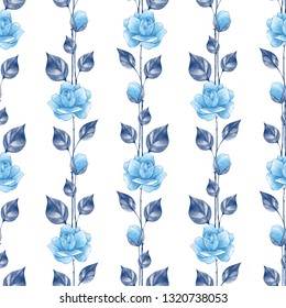 Floral Seamless Pattern. Watercolor Background With Blue Roses