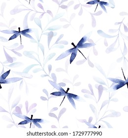 Floral seamless pattern of watercolor blue leaves and dragonflies isolated on white background. Hand painting wildnature stylish print for textile design and decoration wallpaper.
