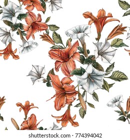 Floral seamless pattern with watercolor daylilies and datura flower