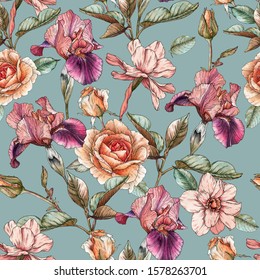 Floral seamless pattern with watercolor irises, roses and narcissus. Background with spring flowers