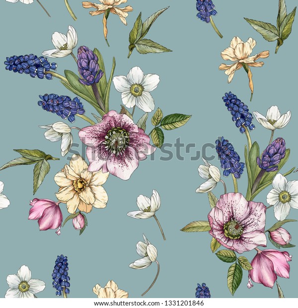 水彩の白水仙 ムスカリ ヘルボアを持つ 花のシームレスな模様 春の花の背景 のイラスト素材