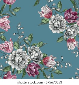 Floral Seamless Pattern Watercolor Tulips Roses Stock Illustration ...