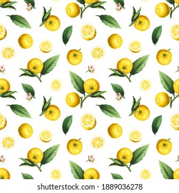 Floral Seamless Pattern With Yellow Lemon Citrus Fruits, Blossoms And Green Leaves On White Background