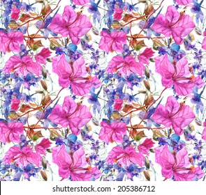Floral Seamless Pattern.Bougainvillea and blue summer flowers. Watercolor hand painting. 