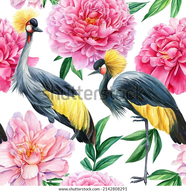 Floral seamless patterns. peonies and birds crane Watercolor painting
