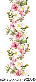 Floral Seamless Watercolor Frame Border With Pink And White Flowers. Aquarel