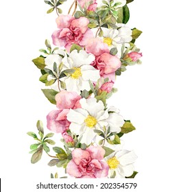 Floral Seamless Watercolor Frame Border With Pink And White Flowers. Aquarel
