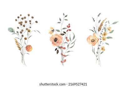 Floral set of bouquets with abstract delicate wildflowers and green plants, watercolor illustration isolated decors on white background for wedding, summer invitation or greeting cards.