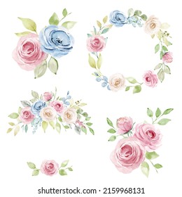 Floral Set Watercolor Flowers Hand Painting, Vintage Bouquets With Pink And Blue Roses. Decoration For Poster, Greeting Card, Birthday, Wedding Design. Isolated On White Background.