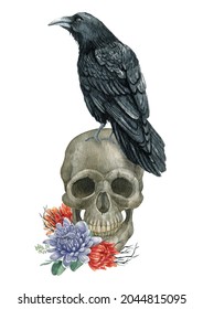 Floral skull illustration Watercolor halloween decor Vintage victorian Halloween mystical  black crow raven flower decor  t  shot design