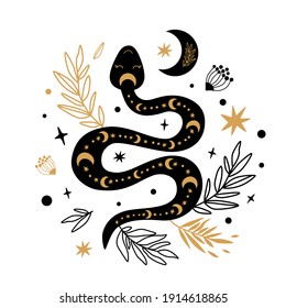Floral snake drawing Mystic selestial serpent wildflowers, leaves, moon. Halloween boho element.