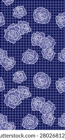 floral solid illustrations textile design, arrangement with a medium monochrome silhouettes rose flowers and dark blue texture background, all-over seamless pattern with white and red tone colour digital clothes motif factory 