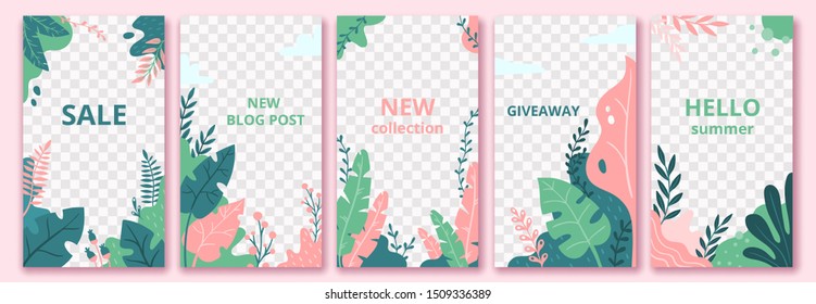 Floral Stories Template. Garden Flora Poster, Flowers Composition Layout And Trendy Social Media Story Templates. 