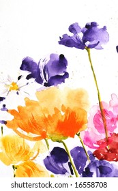 Floral summer design with hand-painted abstract  flowers in different colors on white background. Art is painted and created by photographer.