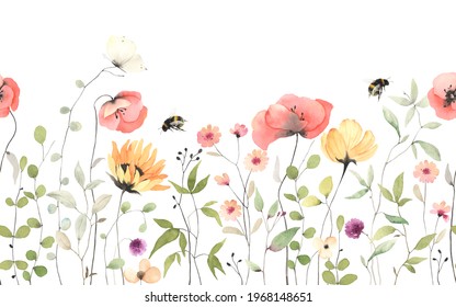 Floral Summer Horizontal Pattern With Colorful Wildflowers, Flying Bumblebee And Butterfly. Watercolor Isolated Illustration Border, Meadow Or Floral Background For Your Design.