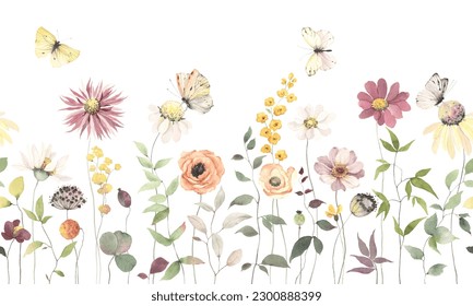 Floral summer pattern with colored flowers, leaves and flying butterflies. Watercolor seamless border for floral background, textile or horizontal wallpapers. Isolated illustration of design elements.