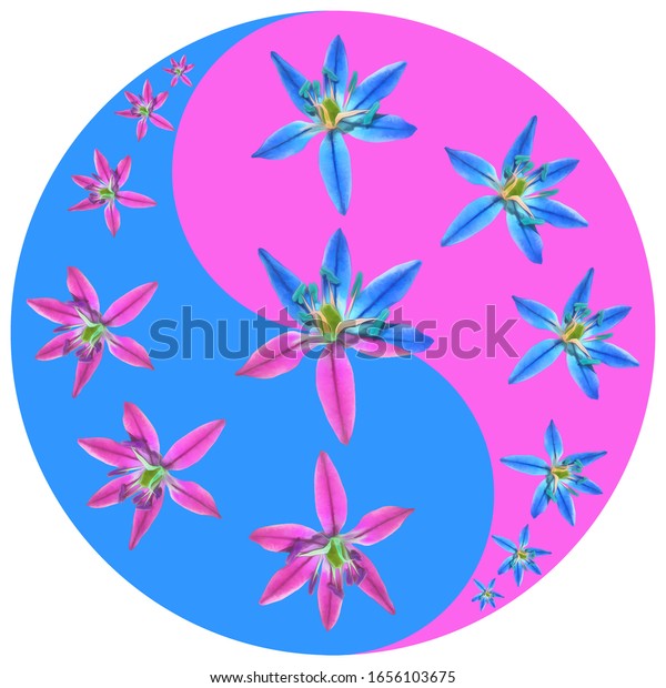 花柄の記号 陰陽 ブルーベル 色と背景に東洋風の陰陽記号の幾何学的な模様 花や花びらの陰陽のシンボル 曼荼羅の花図 のイラスト素材