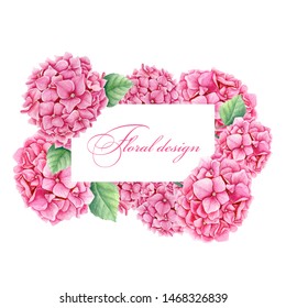 Floral template with pink Hydrangea flowers and white rectangular frame in a white background watercolor illustration suitable for wedding invitation card or spring greeting card 