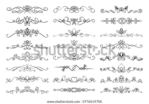 Floral text divider set.\
Colection of text dividing flourish linear ornaments, with floral\
elements.  paragraph dividers in black color isolated on white\
background.