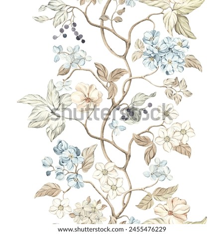 Floral vertical seamless pattern with abstract flowers, leaves and berries on branches. Hand drawn watercolor illustration for wallpapers or textile, isolated print for your nostalgic design.