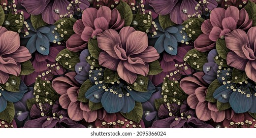Floral Vintage Background, Dark Seamless Pattern. Hand-drawn 3d Illustration. Garden Flowers, Hydrangea, Gypsophila, Leaves, Fireflies, Magic Blooming Night. Luxury Wallpaper, Texture, Cloth, Mural