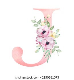 Floral Watercolor Alphabet Letter J Anemones Stock Illustration ...