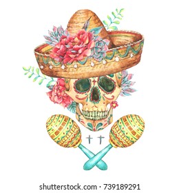 Floral Watercolor Background and Skull in Sombrero  roses  succulent  Day The Dead illustration  Cinco de Mayo greeting card