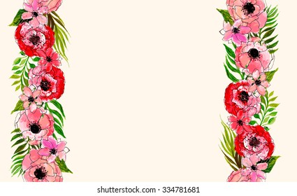 Floral Watercolor Frame. Red Poppy Flowers and Leaves Border On Pink Background. Good For Web, Print, Invitations, Greeting and Save The Date Cards.