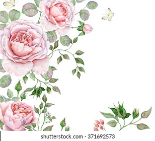 Floral watercolor frame with roses on white background