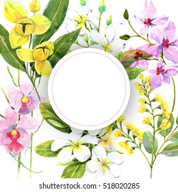 Floral Watercolor Greeting Card With Circle Text Box.